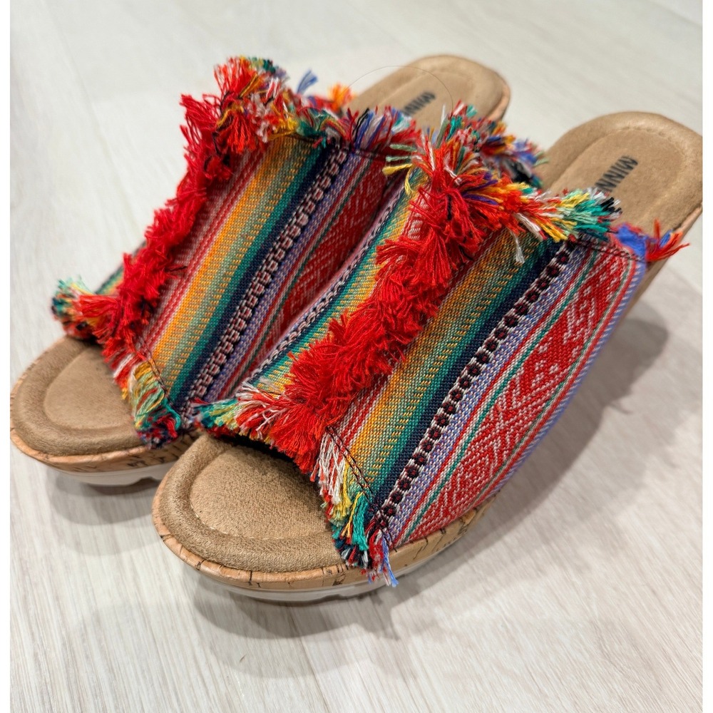 Minnetonka Womens Multi Color Woven Fringe Cork Wedge Sandals 73301 Size 7